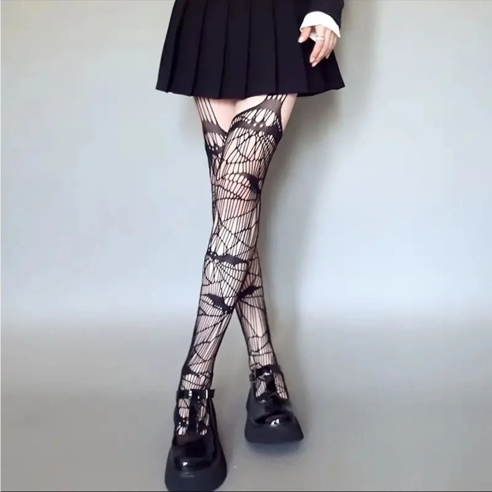 Black Bat Fishnet Suspender Tights Hollow Out High Waist Mesh Pantyhose One Size